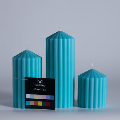 MOZEAL Hand-Poured Pointed Ribbed Soy Pillar Candles Set of 3 - Decorative Turquoise Unscented Dripless Smokeless (4",6",8") 300 Hr Burn - Stylish Wedding Décor