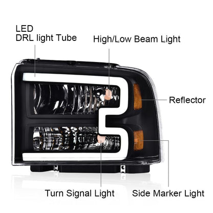 LED DRL Headlights Assembly Front Headlamp Compatible with Ford F250 F350 F450 F550 Super Duty 2005-2007/Ford Excursion 2005,(Not Fit Sealed Beam Headlight model) Clear Lens Black Housing