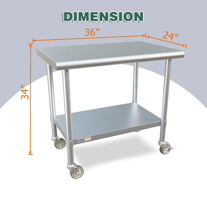 HZEEMFG Stainless Steel Table for Prep & Work 24x36 with Casters, 3ft Commercial Heavy Duty Table with Wheels for Restaurant,Home, Hotel, Laundry Room,Garage,Workshops