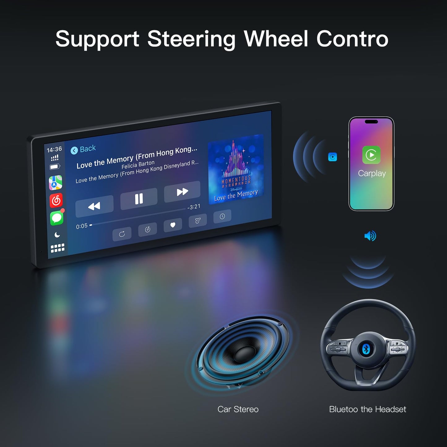 Wireless Carplay Screen for Car, 10.3'' Portable CarPlay & Android Auto Touchscreen, with 60Fps,1600 * 720 Ultra High Resolution, Support Steering Wheel Control