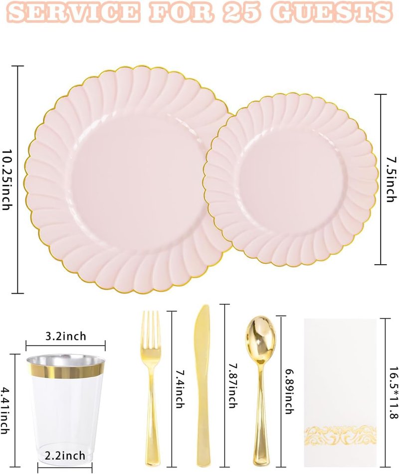 YOUBET 175PCS Pink Scalloped Plastic Plates - Gold Disposable Dinnerware Set Include 50 Plates, 75 Gold Silverware, 25 Cups, 25 Napkins for Party & Wedding & Baby Shower Mothers Day