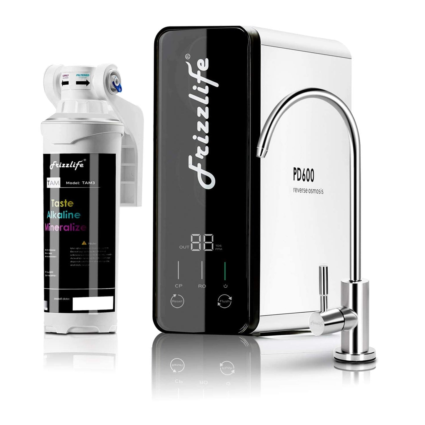 Frizzlife Reverse Osmosis Water Filter - Alkaline Mineral pH+, NSF/ASNI 58&53&42&372 Standard, 600GPD Tankless RO Reverse Osmosis System, Under Sink, 2:1 Pure to Drain, Reduce FPAS/PFOA, PD600-TAM3