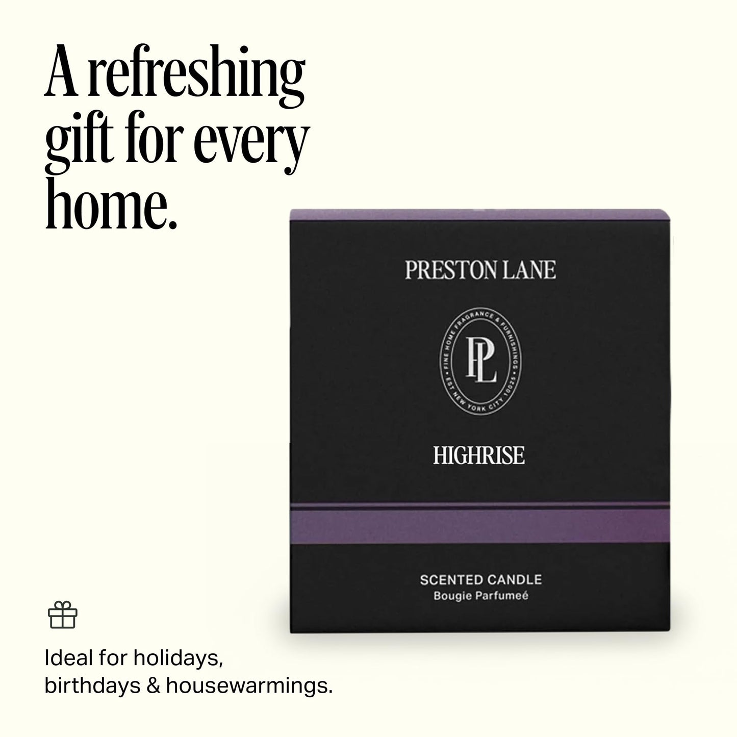 Preston Lane Luxury 2-Wick Scented Candle, Highrise, 7.5 oz Hand-Poured in USA | Long Burn Time (20-30 Hrs), Vegan Soy Wax Blend, Decorative Glass Vessel, Fine Italian Fragrance