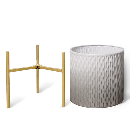 ARNIS Plants Pots with Stand,Set of 2 Flower Pots, Unique Mid Century Decorative Metal Flower Pots with Drainage,10.5&12.25 Inch, Grey and White