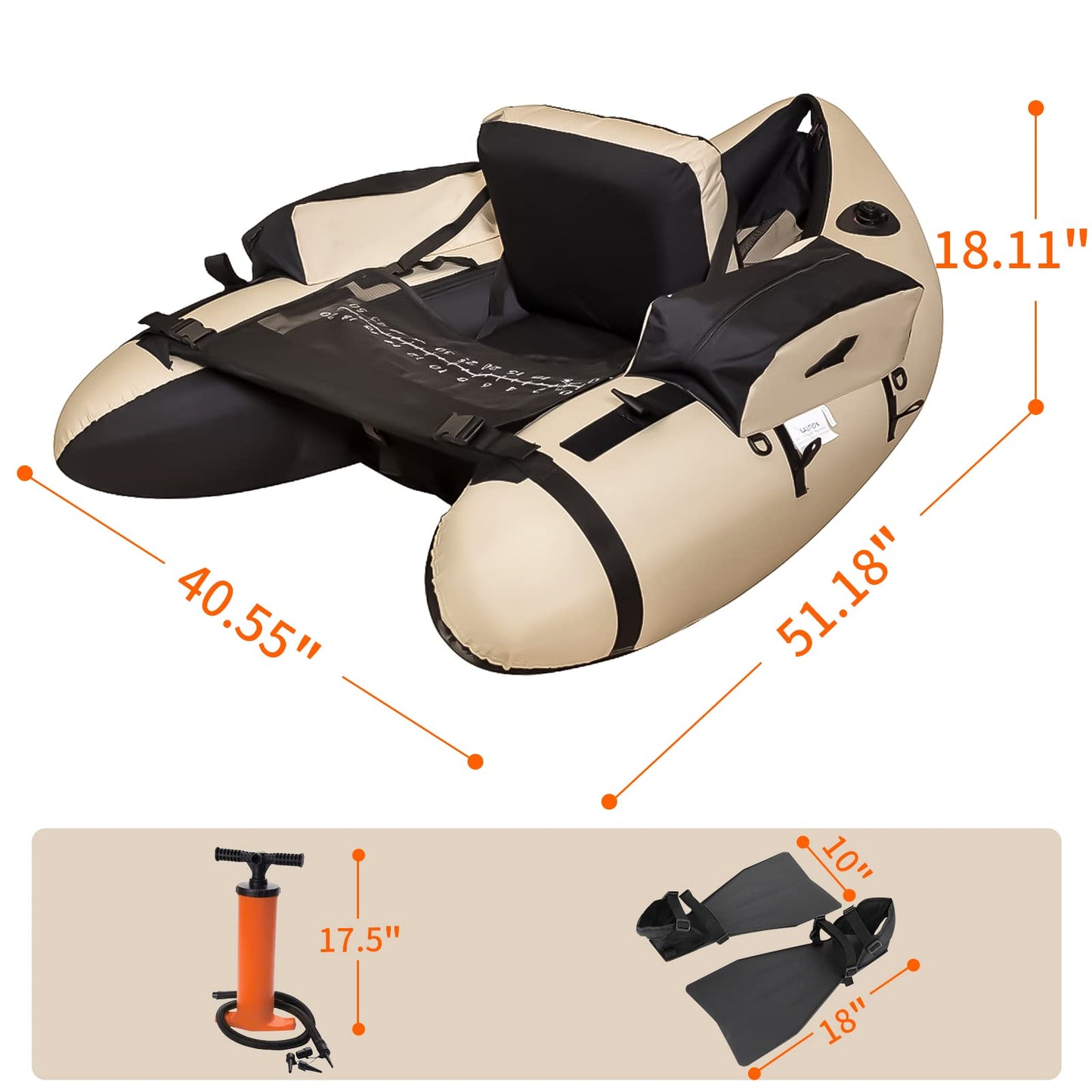 Xproutdoor Fishing Float Tube with Adjustable Backpack Straps, Storage Pockets, Fish Ruler, Fly Fishing Boat with Pump, Oar, Rod Holder and Mount, Fins, 350LBS Load Bearing Capacity, FT003,Khaki