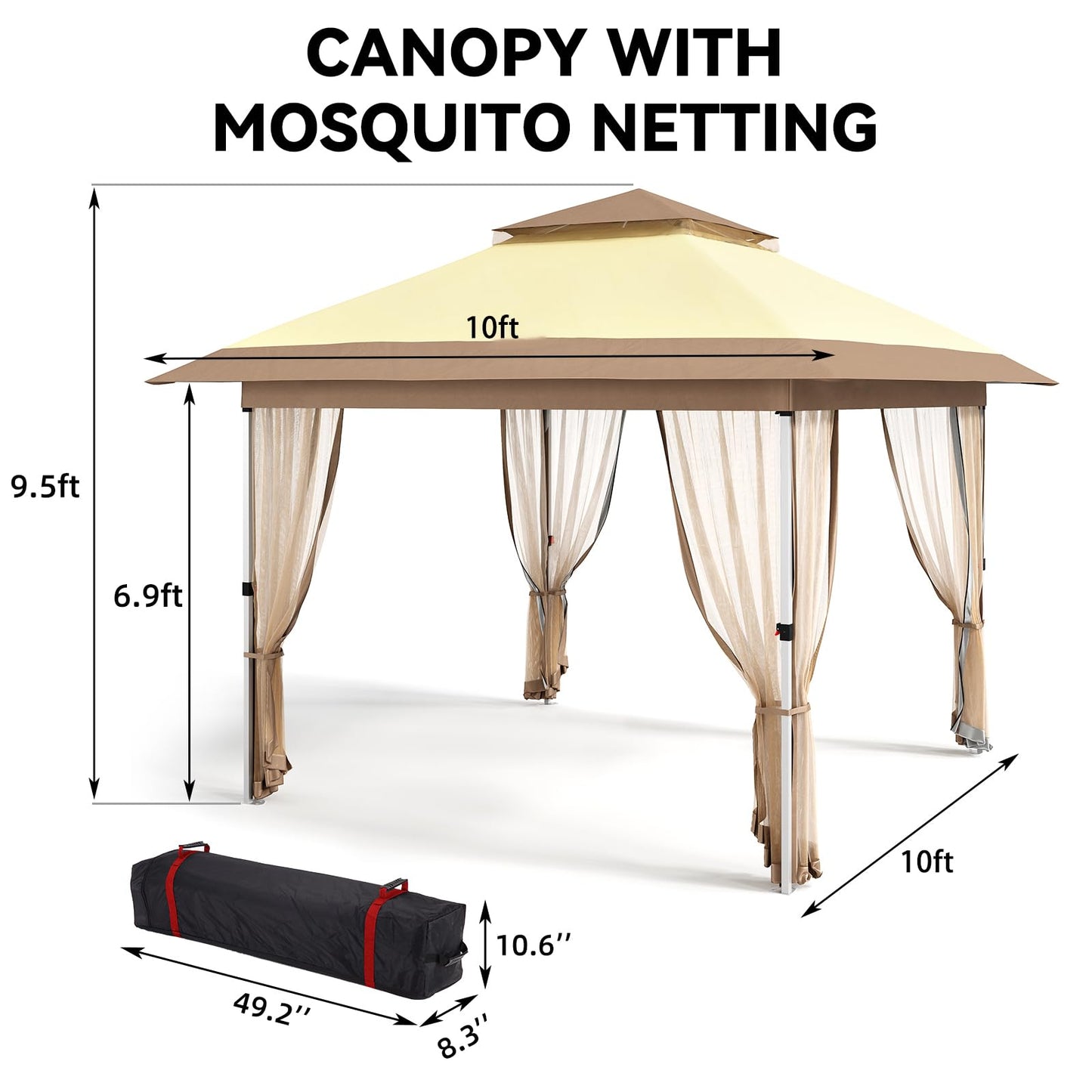 10x10 Pop Up Gazebo Tent with Mosquito Netting & Water,Resistant Oxford Canopy with Roller Bag,Instant Setup Outdoor Shelter for Backyard, Patio, Parties, Weddings, Outdoor Dining，Beige+Khaki