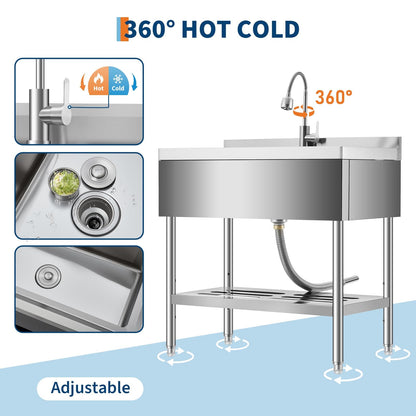 Garvee 36" Stainless Steel Utility Sink Workstation with Faucet, Adjustable Height Freestanding Sink with Storage Drawer, Knife Rack, Hooks & Drain Kit for Kitchen, Laundry, Garage, or Outdoor Use