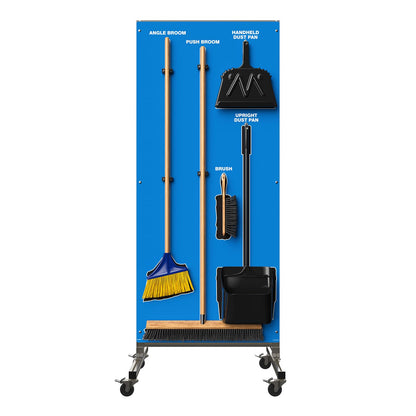 Clean & Sweep 5S Shadow Board/Mobile Cart Broom Holder, 68" x 30" Board, 5S Cleaning Station - with Broom and Dustpan Set Included, Made in The USA by AccuformNMC, Blue/Black, PSX616BUBK