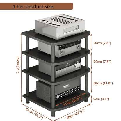XEOKXOIT 4 Tier AV Media Stand, Audio Rack Tower Adjustable Height, TV Game Console Equipment Shelf, CD Record Player Stereo Component Rack Cabinet for Home Theater Studio (Black)
