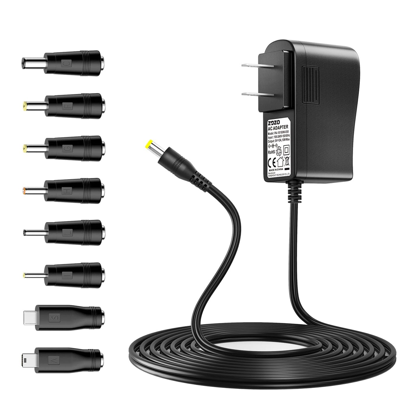 ZOZO 10W 5V 2A AC/DC Adapter Replacement 5Volt 2Amp Power Adapter Cord Charger Multi Tips for Tablet Webcam Router Toys Recorder TV Box USB Hub Bluetooth Speaker and More DC 5V Devices