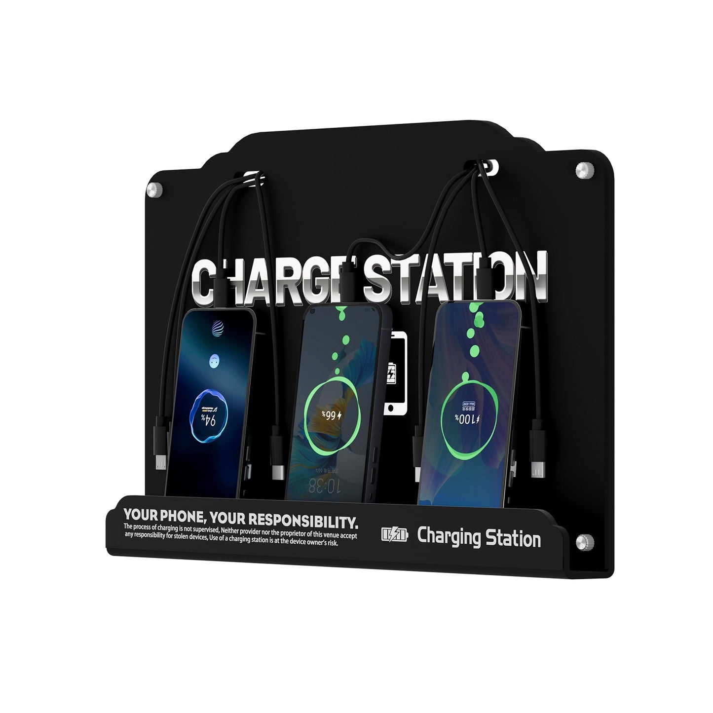 Wall Mounted 8 Port Charging Station with Fast Charigng Cables – Multi Device Charging Dock for Office, Hotel & Public Spaces | Compatible with iPhone ipad Smartphone Tablets Android Port (Black)