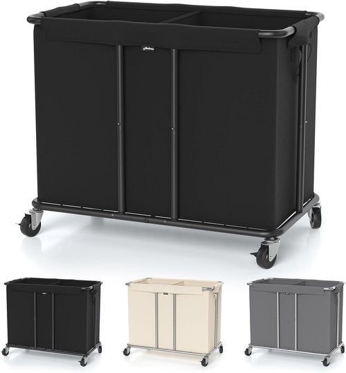 Hodonas Laundry Hamper - 2-Section 230L Heavy-Duty Rolling Basket with Silent Casters | Black, 31.5"L x 15.75"W x 30.7"H