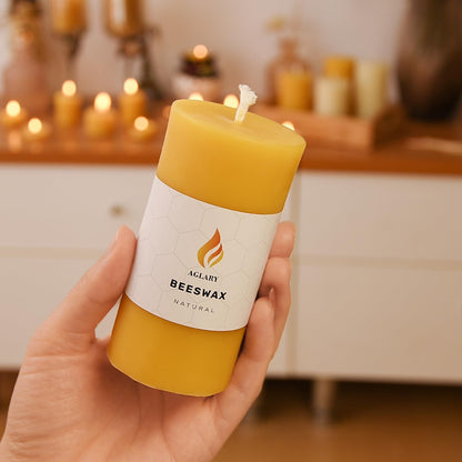 AGLARY 6PCS Beeswax Pillar Candles,Large Handmade Pure Beeswax Candle,Long Lasting Burn Time，Unscented Smokeless，2 * 4",28H, Raw
