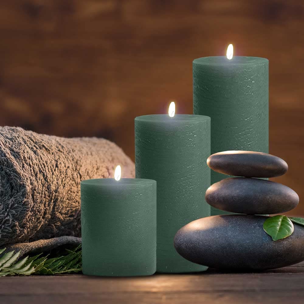 BASK Mottled Dark Green Pillar Candles - Unscented, Dripless, Smokeless Set of 3 for All Occasions