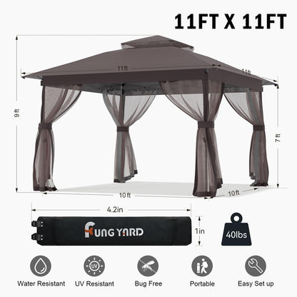 Pop Up Gazebo 11x11 - Outdoor Canopy Tent with Mosquito Netting & Wheeled Carry Bag, Double Roof Gazebos for Backyard Party Garden Wedding Camping (Brown, 11X11)