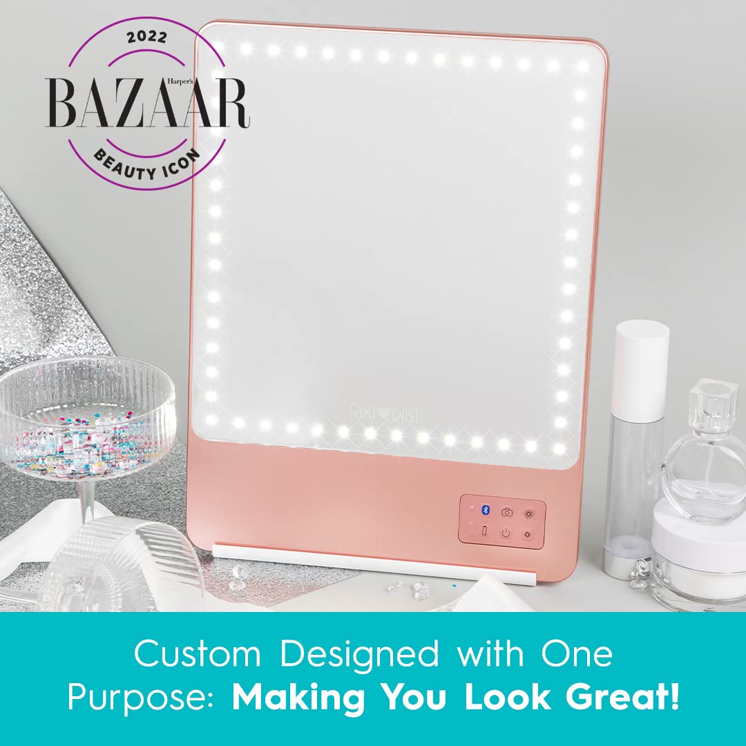 GLAMCOR Riki Skinny Smart Vanity Mirror with HD LEDs, Magnifying Mirror Attachment, Phone Holder and Bluetooth Control (Rose Gold, 10X Magnification)
