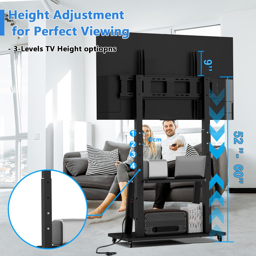 Duiliuu Mobile TV Cart with Power Outlet Rolling TV Stand for 42 to 100 inch Television Heavy Duty Portable TV Stand on Wheels, Height Adjustment, Holds Up to 180 LBS, Vesa 200×200-900×600mm