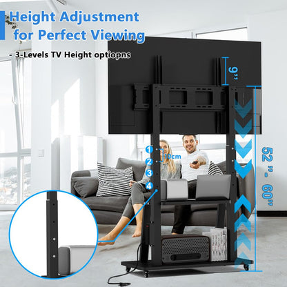 Duiliuu Mobile TV Cart with Power Outlet Rolling TV Stand for 42 to 100 inch Television Heavy Duty Portable TV Stand on Wheels, Height Adjustment, Holds Up to 180 LBS, Vesa 200×200-900×600mm