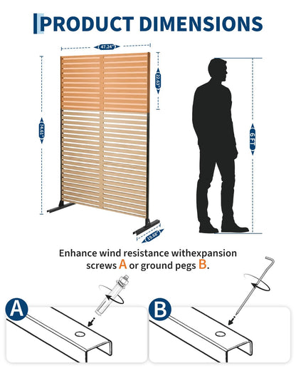 Metal Privacy Screen, 48" W x 75" H, Outdoor Freestanding Privacy Fence Panel, No Dig Steel Decorative Fence, Rustproof Fence Panels for Yard, Patio, Garden, Balcony, Pool, Wood-Grain Horizontal Slat