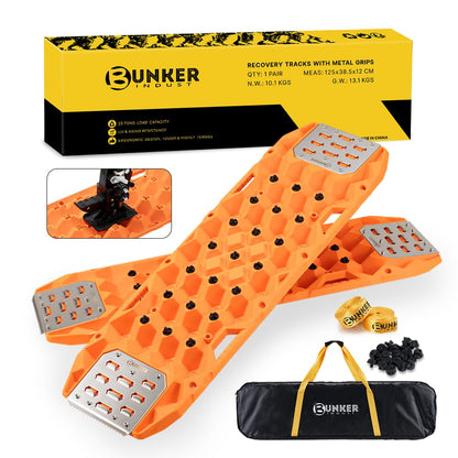 BUNKER INDUST Offroad Traction Board with Jack Base,Pair 47.24"L x 14"W Recovery Track Tire Traction Mat -Orange Sand,Mud,Snow Ramps (Replaceable Dual Colors Teeth/Rugged Steel Plate) Gen 11th