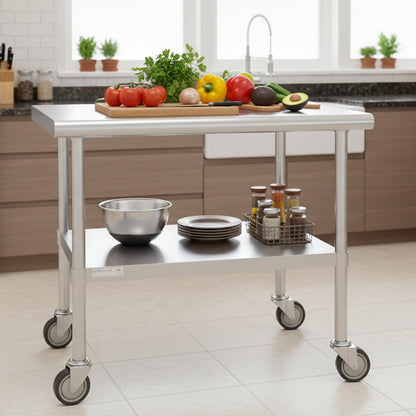 STABLEINK NSF Stainless Steel Table with Wheels 36x24 Inches 3ft, Metal Prep & Work Table with Adjustable Undershelf, for Commercial Kitchen, Restaurant, Laundry, Hotel and Garage