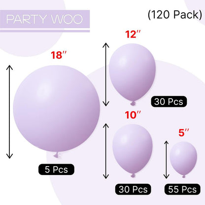 PartyWoo Lavender Balloons 120pcs Different Sizes Pack of 18 12 10 5 Inch Light Pastel Purple Lilac Balloon Arch Kit for Baby Shower Bachelorette Fairy Birthday Princess Party Decorations Purple-Q10