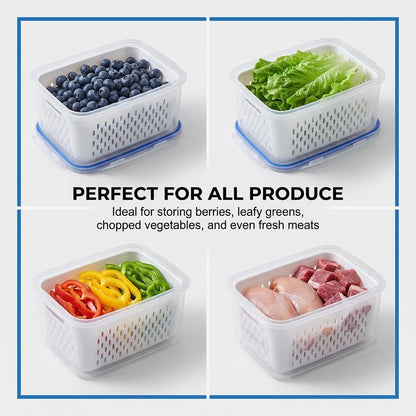 Skiennix 4-in-1 Large Fruit Storage Container - Leakproof Produce Keeper with Removable Colander | BPA-Free & Microwave Safe (Blue, S)