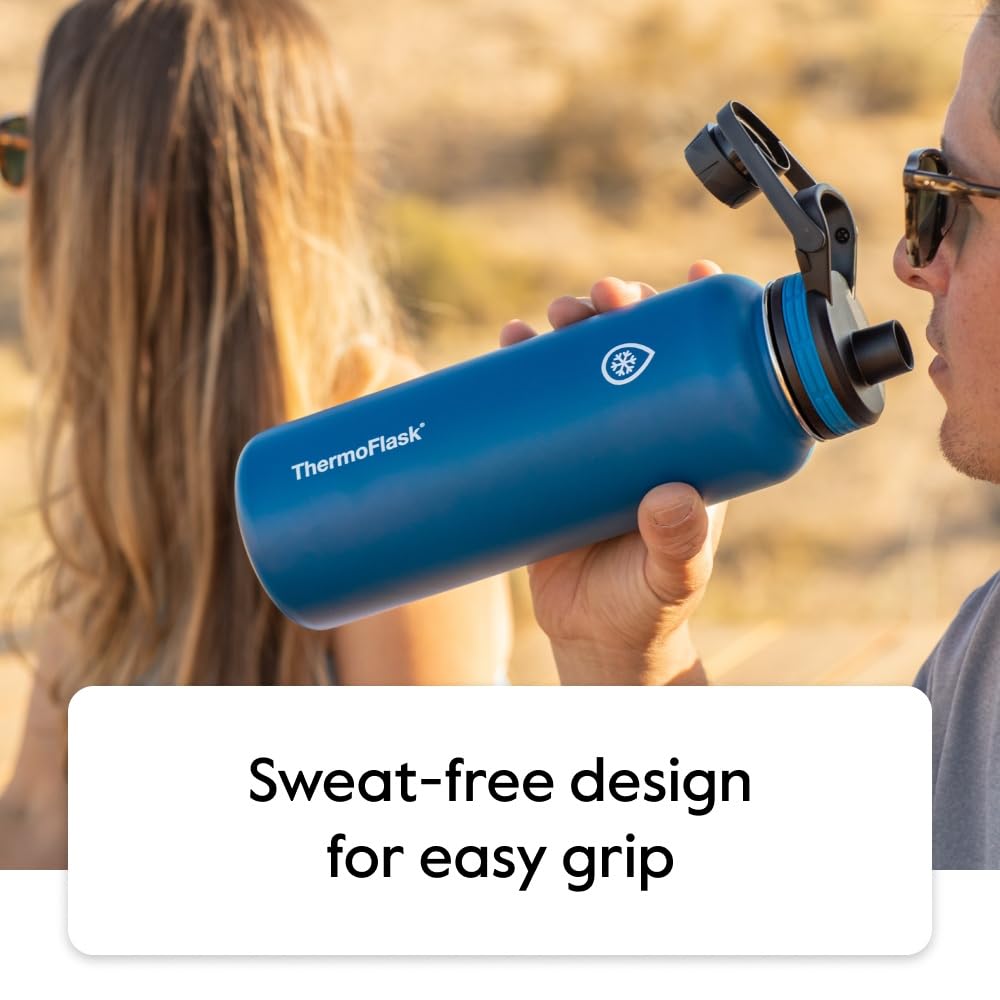 ThermoFlask Kids Bottle with Straw Lid - Durable & Dishwasher-Safe Water Bottles & Lids - Leak-Proof Bottle Lid Design - Reusable Water Bottles for Everyday Use - 16 oz, Red/Blue (2 Pack)