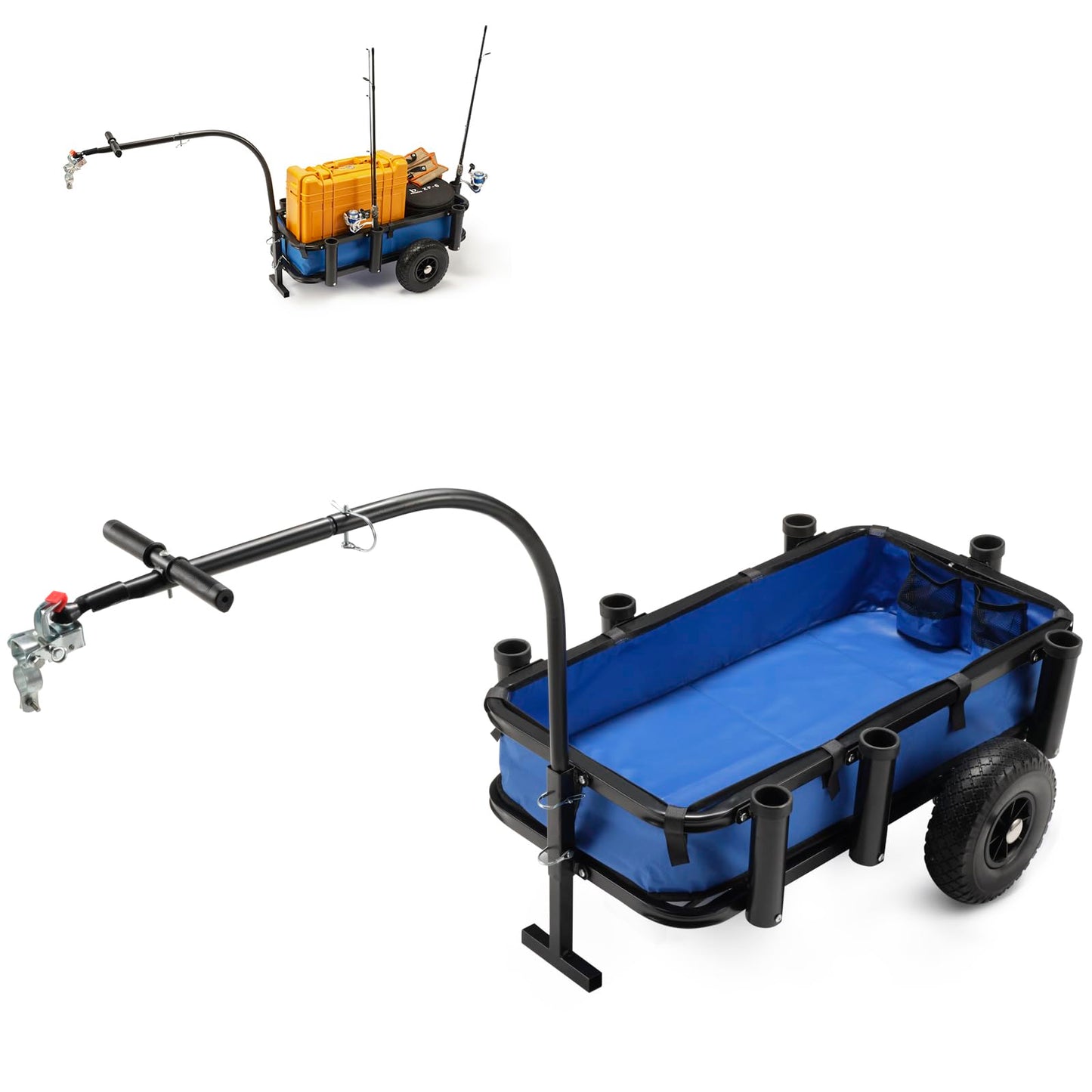 ONECHOI Beach Fishing Cart, w/10 Big Wheels Black PU Solid Balloon Tires for Sand, Fishing Wagon Cart Large Capacity with 32-1/4" L x 16" W Liner and PP Plate, Heavy Duty Surf Cart w/Bicycle Hitch