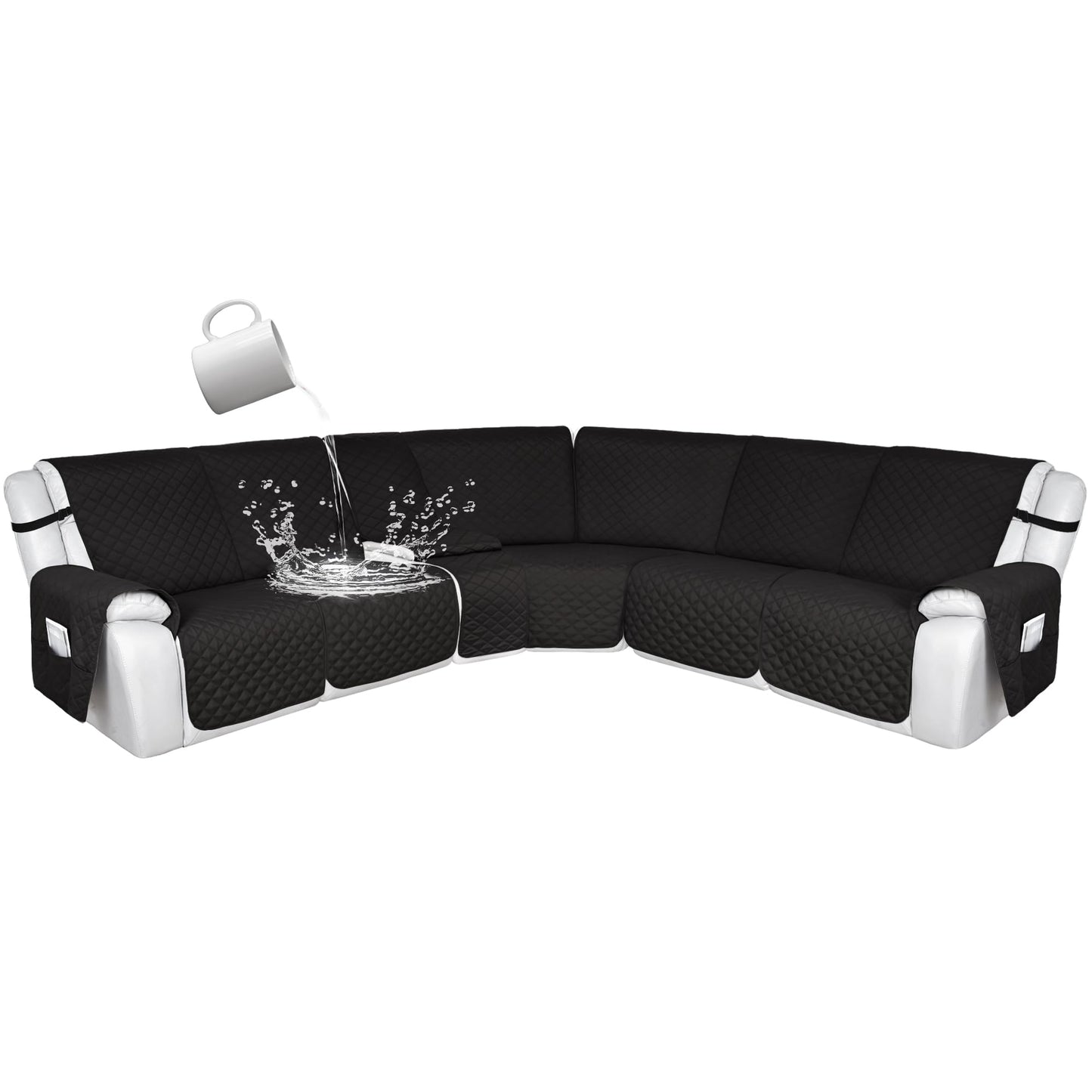 HDCAXKJ 100% Waterproof Reclining Sectional Couch Covers L Shape Recliner Sofa Cover Washable Quilted Soft Pet Dog Corner Recliner Slipcovers with Pockets (XL5 Seat and 1 Middle Console, Black)