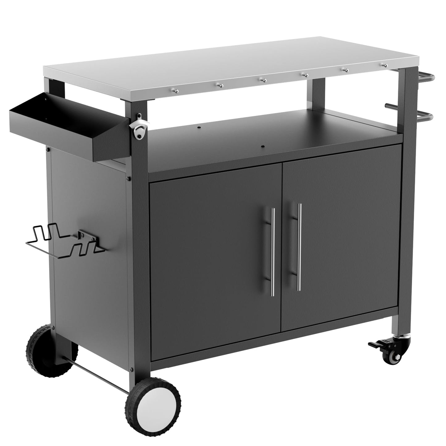 KEIKI Two Doors Outdoor Grill Cart with Patio Furniture, Rolling Bar Cart, Outdoor BBQ Cart with Hooks and Spice Rack for Grilling Accessories