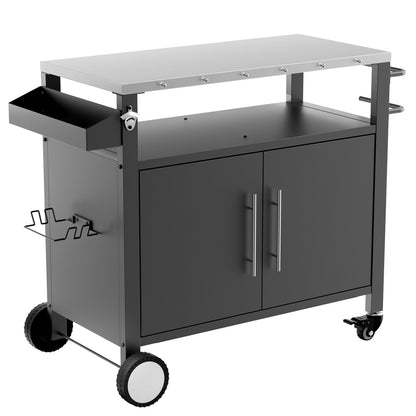 KEIKI Two Doors Outdoor Grill Cart with Patio Furniture, Rolling Bar Cart, Outdoor BBQ Cart with Hooks and Spice Rack for Grilling Accessories