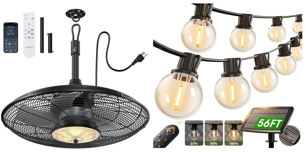 addlon 56FT(50+6) Solar String Lights Outdoor with Remote, 27 Shatterproof G40 Bulbs, Solar Powered & USB Charging Patio Lights & 20 Inch Outdoor Ceiling Fans with Lights for Patios