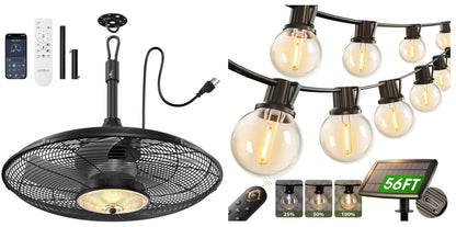 addlon 56FT(50+6) Solar String Lights Outdoor with Remote, 27 Shatterproof G40 Bulbs, Solar Powered & USB Charging Patio Lights & 20 Inch Outdoor Ceiling Fans with Lights for Patios