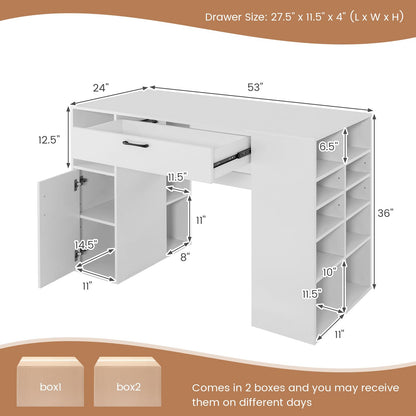 COSTWAY 36” Counter Height Sewing Table, 53 Inch Artwork Craft Table with 14 Open Compartments, 3-Position Adjustable Shelf, 1 Drawer & Cabinet, Project Center Desk Drafting Sewing Workstation, White