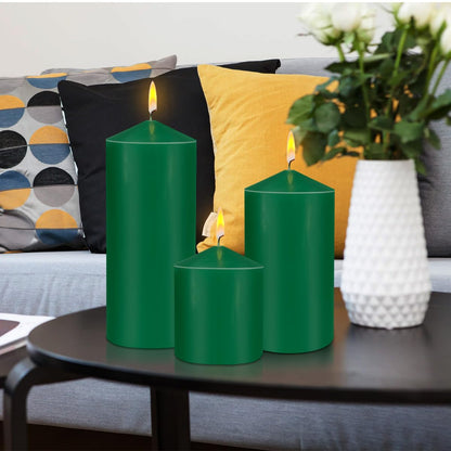 Pillar Candles 3 x 4, 6, and 8 inches, Large Handmade Candles Set of 3, Green Decorative Candles for Wedding, Home Decoration, Dinner, Church