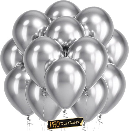 Bezente Pro Duralatex Metallic Silver Balloons - 100 Pack 12 inch Extra-Thick Silver Balloons for Long-Lasting Professional Party Decorations, Large Birthday Wedding Anniversary