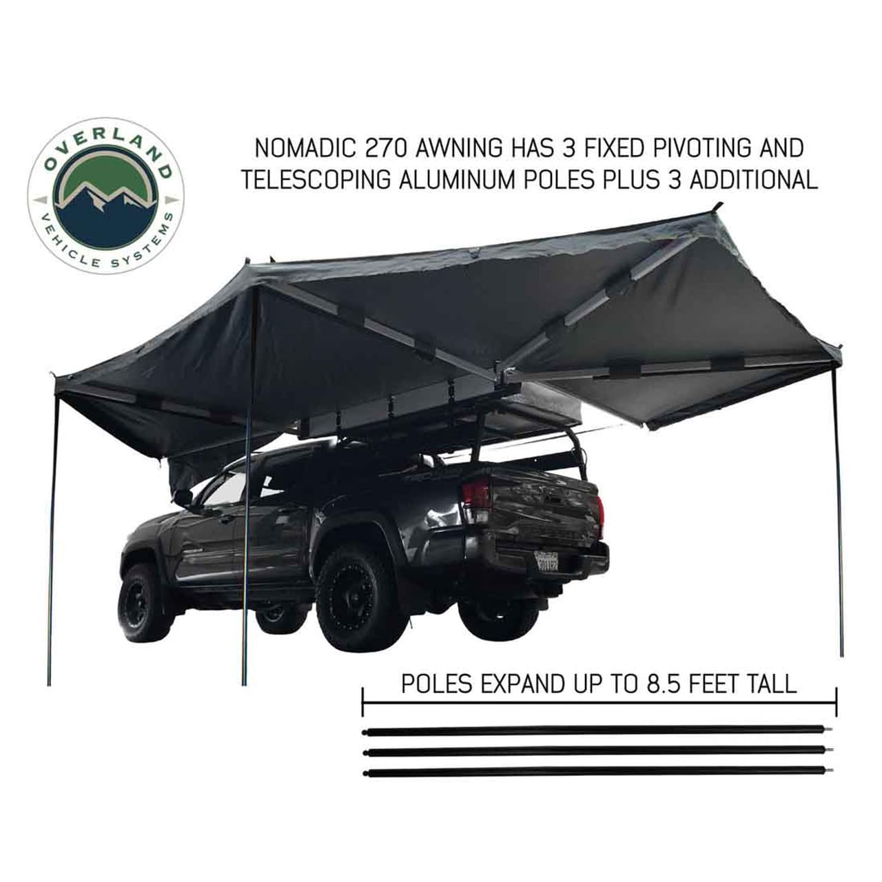 Overland Vehicle Systems 19519907 HD Nomadic 270 Degree Awning Driver Side | 129 Sq Ft of Coverage | Dark Gray Fabric with Travel Cover Included | Twist and Lock Technology | Weather-Resistant