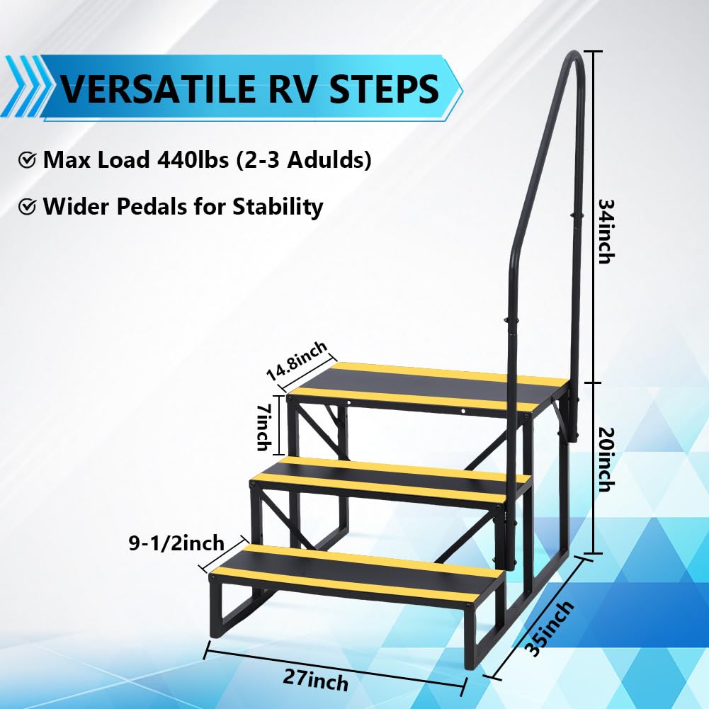 GarveeLife 3 Step RV Stairs with Handrail, Hot Tub Steps Metal with Non-Skid Tapes, Portable Stairs Steps for RV, Mobile Home Stairs Travel Trailers, Camper, Hot Tub, Ground-Pool for Indoor & Outdoor