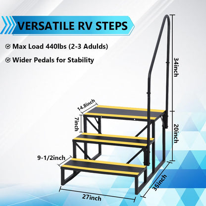 GarveeLife 3 Step RV Stairs with Handrail, Hot Tub Steps Metal with Non-Skid Tapes, Portable Stairs Steps for RV, Mobile Home Stairs Travel Trailers, Camper, Hot Tub, Ground-Pool for Indoor & Outdoor