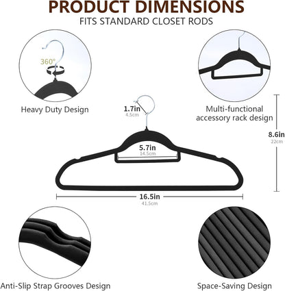 Skiennix Velvet Hangers - 50 Pack Heavy Duty Non-Slip Space-Saving Coat Hangers | Black with 360° Rotating Hook