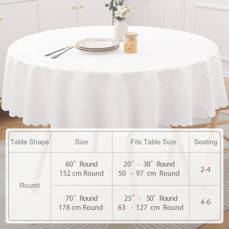Smiry Round Table Cloth, Waterproof Heavy Duty Vinyl Tablecloths, Wipeable Washable Table Cover for Kitchen and Dining Room (White, 70" x 70")