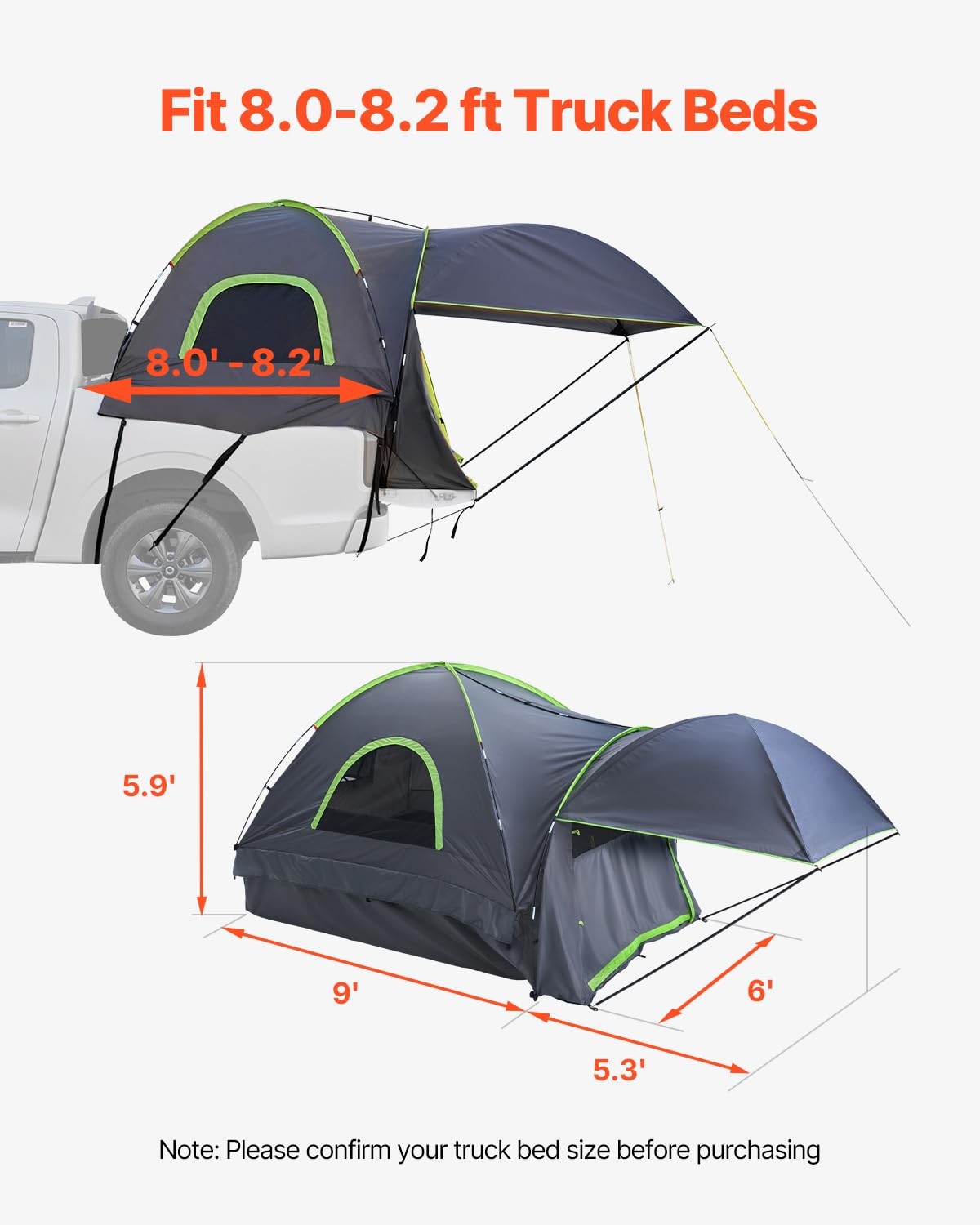 VEVOR Pickup Truck Tent, Fits 8.0-8.2 ft Truck Tents for Camping, Waterproof PU2000 2-3 Person Sleeping Truck Bed Tent, Sturdy Truck Bed Camper Shell with Expandable Awning, Rainfly, Storage Bag
