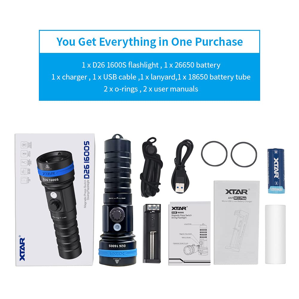 XTAR D26 1600 Lumen Scuba Diving Flashlight Dive Torch Underwater 100 Meters Submarine Lights for Under Water Deep Sea Cave at Night (Full Set)