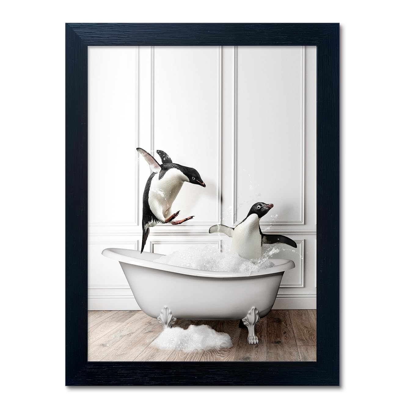 Bathroom Picture Wall Decor, Framed Black and White Bathroom Wall Art, Toilet Paper in Little Funny Raccoon's Hand Animal Canvas Print Painting