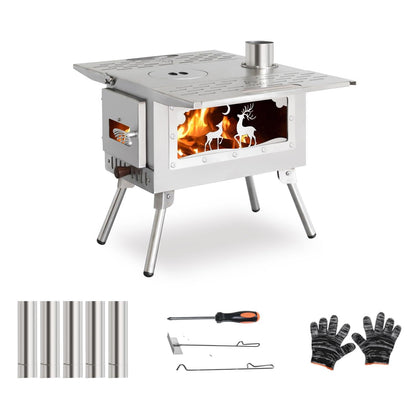 Outdoor Camping Tent Stove Portable Camping Stove Stainless Steel Stove With Chimney Pipe for Outdoor Cooking Camping BBQ Accessories