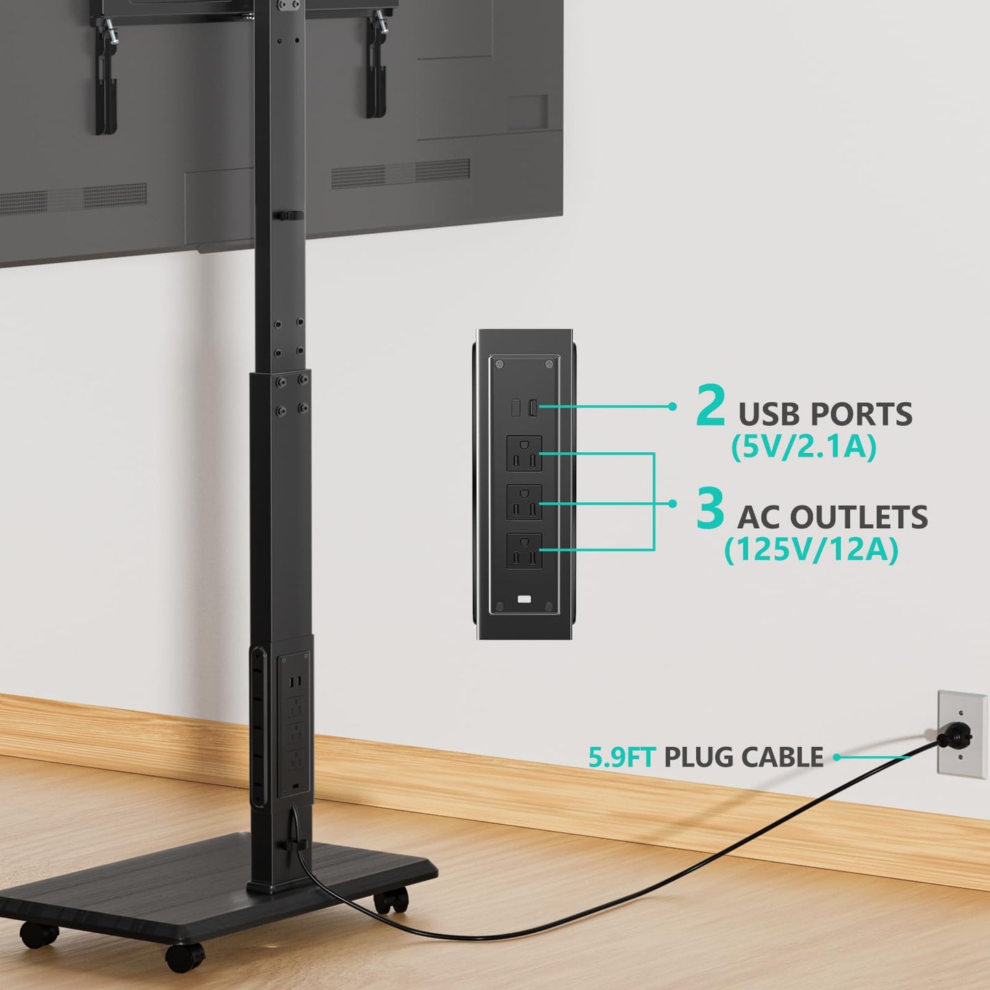 WALI Rolling TV Stand with Power Outlet, Mobile Tall TV Stand Mount on Wheels for 39-75 inch TV up to 110 lbs, Swivel Height Adjustable TV Cart with Wood Base for Bedroom(TVDVD-7PR), Black