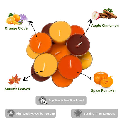 Fall Scented Tealight Candles 16 Pack, Natural Soy & Bee Wax Blend, Autumn Colors: Orange & Yellow Shades, 3.5 Hour Burn Time, Strong Fragrance for Home, 16 Pcs by Kissingfish