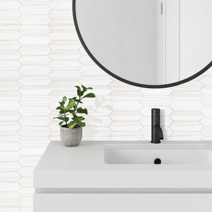 Vamos Tile 1 Sheet Glossy Dolomite White Backsplash Tile Peel and Stick, 12.8 x 12.8 Inch Long Hexagon PVC Self Adhesive Mosaic Wall Tiles Stick on Backsplash for Kitchen and Bathroom