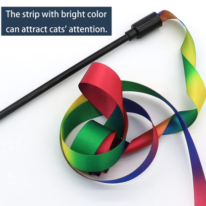LASOCUHOO Interactive Cat Rainbow Wand Toys, Interactive Cat Teaser Wand String, Colorful Ribbon Charmer for Most Cats and Kittens - 2 Packs